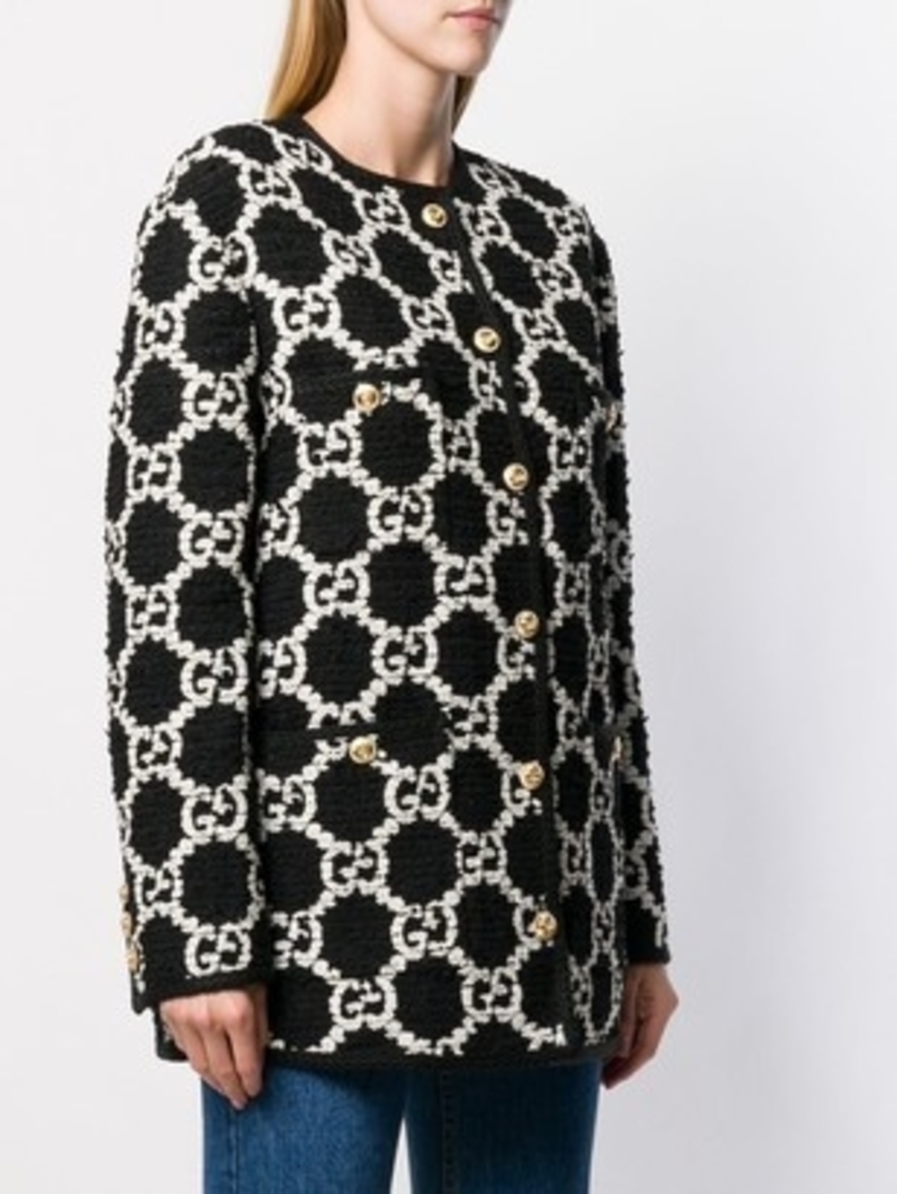 Gucci Black & White GG Tweed Coat with Gold Buttons - Picture 3 of 9